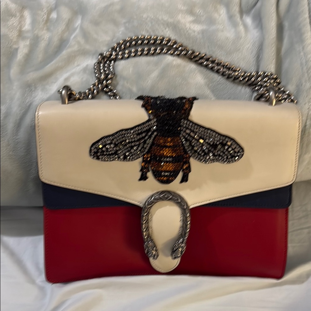 Gucci Red and Cream Shoulder Bag with Bee Embellishment
